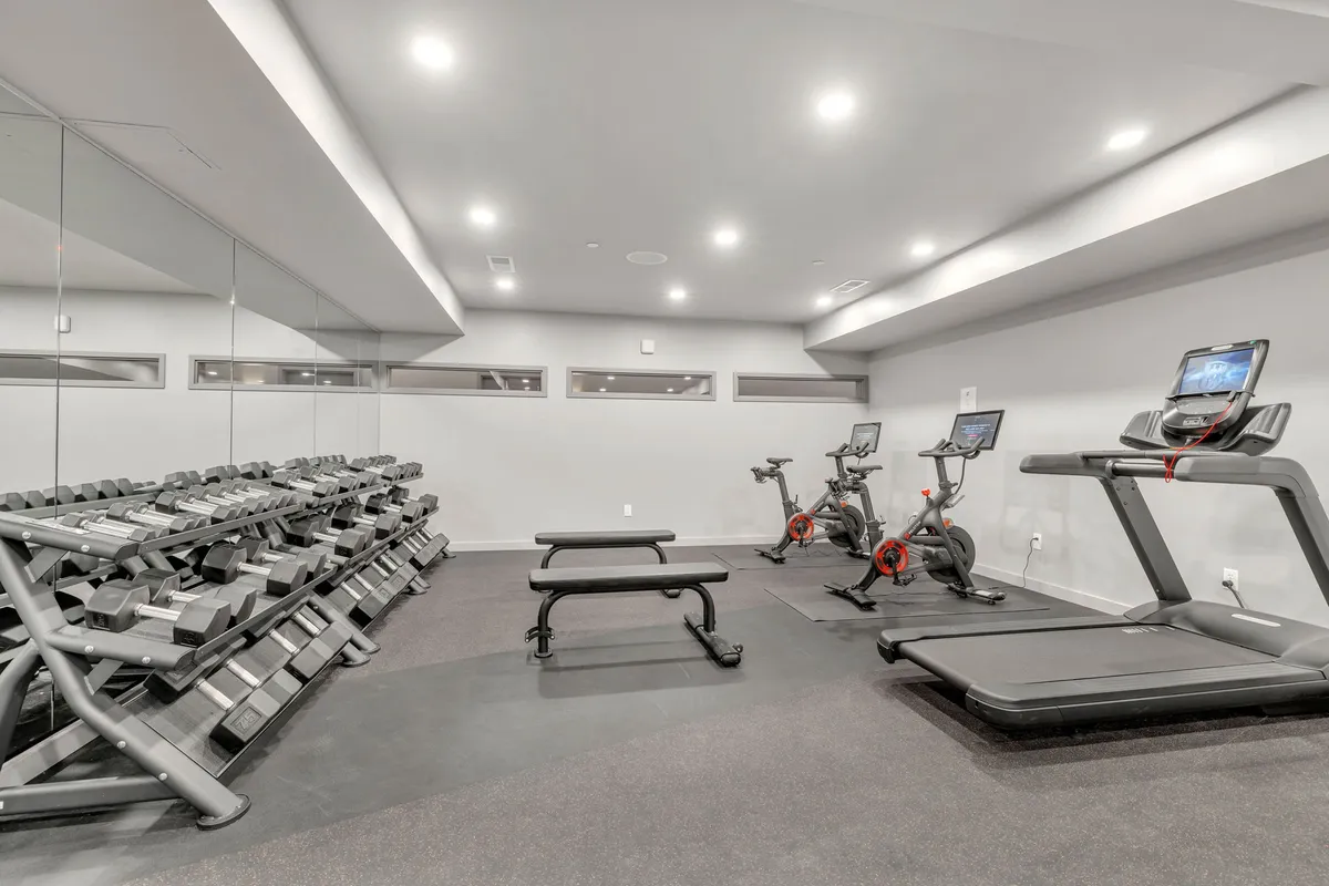 A modern fitness center interior with a rack of dumbbells, treadmills, stationary bikes, and a weight bench, creating an energetic environment ready for personal or group workouts.
