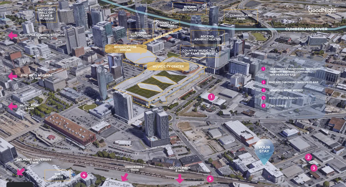 A sweeping city view highlighting major Nashville family attractions, including Bridgestone Arena, the Music City Center, the Cumberland River, Nashville Sounds Stadium, and the distinctive architecture of the Country Music Hall of Fame and Museum. The energetic cityscape is filled with lively spaces and iconic destinations, ideal for exploring with family.