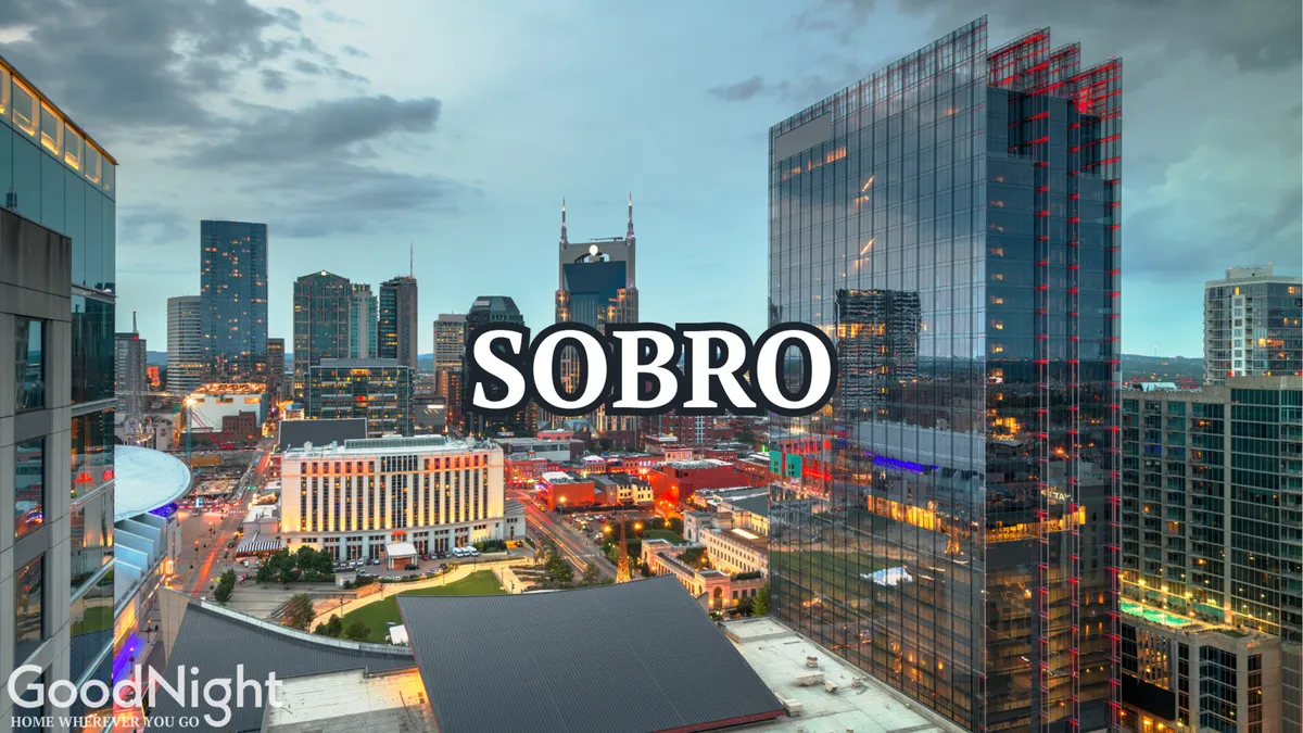 This image offers a sweeping view of the Nashville city skyline at night, illuminated buildings reflecting the city's vibrant nightlife energy. The river in the foreground echoes the urban pulse and proximity to entertainment venues and live music hotspots.