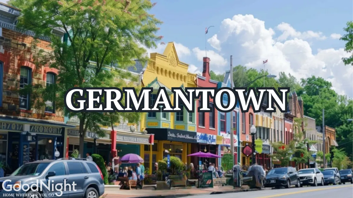 An energetic streetscape featuring colorful storefronts, diners enjoying meals outside beneath green trees, and a lively pedestrian atmosphere. The scene suggests a thriving local neighborhood with eclectic dining and shopping opportunities.