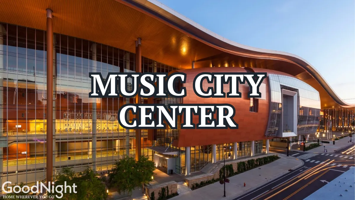 An exterior shot of the Music City Center’s stunning, modern architecture, with its sweeping rooflines and glass facade. The backdrop is dynamic, capturing the venue’s role as a cultural hub for performances, festivals, and exhibitions.